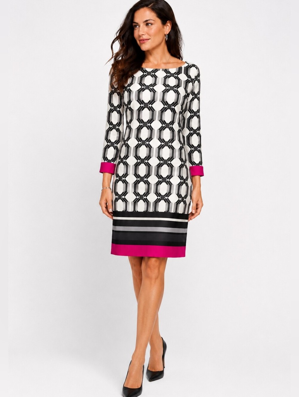 Eliza J Chain Link Print Shift Dress Pink Trim Gold Zipper Retro 70's Geometric
